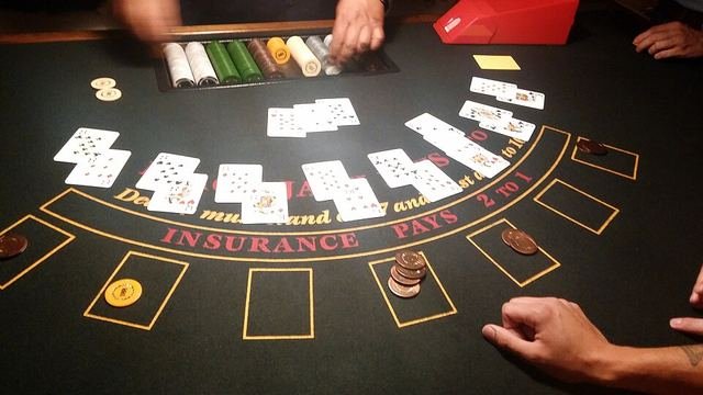 Blackjack table with cards and chips